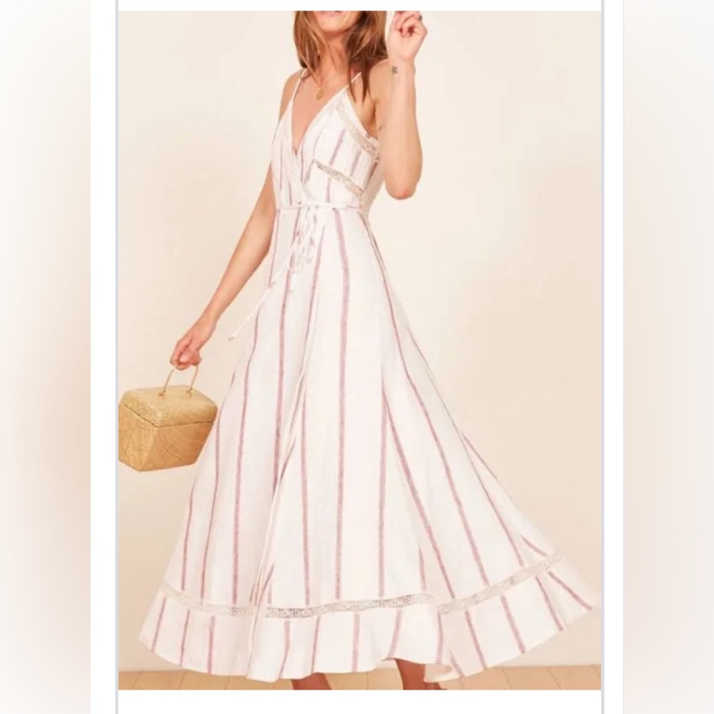 Reformation, size L, color white with red stripes. Linen